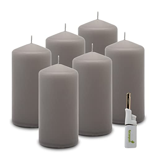 DecoLite: 6 x Stumpenkerzen 135/68 mm. Brenndauer ca. 40 Stunden Pillar Candle inkl. Kerzenprofi Stabfeuerzeug - Deutscher Markenhersteller - RAL Zertifiziert (schiefer) von DecoLite