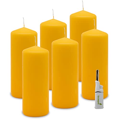 DecoLite: 6 x Stumpenkerzen 180/68 mm. Brenndauer ca. 60 Stunden Pillar Candle inkl. Kerzenprofi Stabfeuerzeug - Deutscher Markenherstller - RAL Zertifiziert (goldgelb) von DecoLite