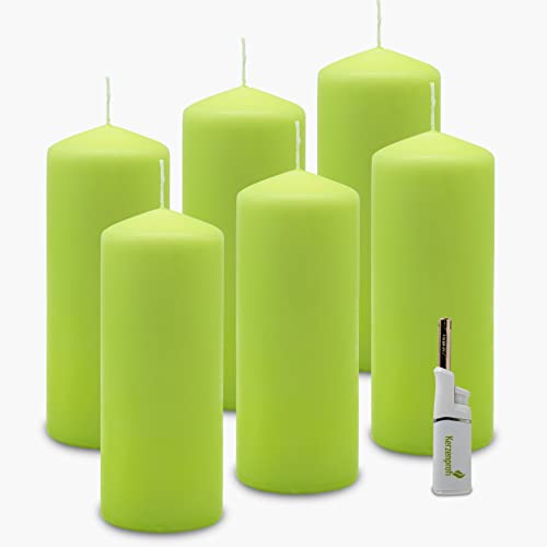 DecoLite: 6 x Stumpenkerzen 180/68 mm. Brenndauer ca. 60 Stunden Pillar Candle inkl. Kerzenprofi Stabfeuerzeug - Deutscher Markenherstller - RAL Zertifiziert (maigrün) von DecoLite