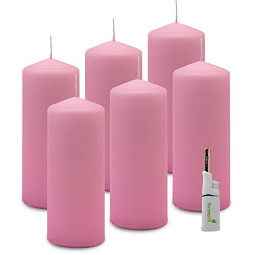 DecoLite: 6 x Stumpenkerzen 180/68 mm. Brenndauer ca. 60 Stunden Pillar Candle inkl. Kerzenprofi Stabfeuerzeug - Deutscher Markenherstller - RAL Zertifiziert (rosa) von DecoLite