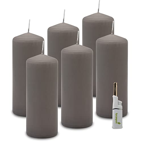 DecoLite: 6 x Stumpenkerzen 180/68 mm. Brenndauer ca. 60 Stunden Pillar Candle inkl. Kerzenprofi Stabfeuerzeug - Deutscher Markenherstller - RAL Zertifiziert (schiefer) von DecoLite