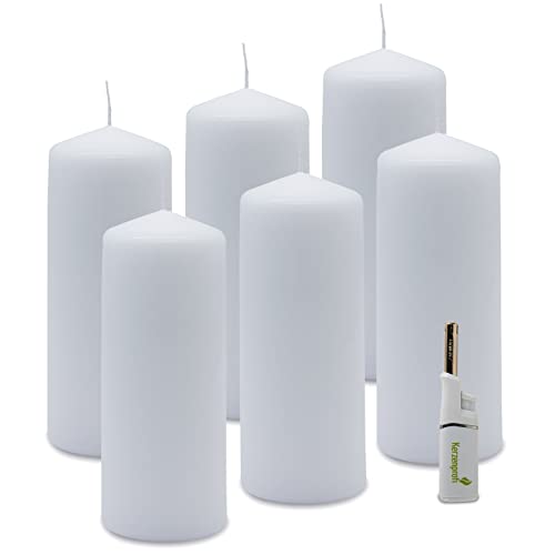 DecoLite: 6 x Stumpenkerzen 180/68 mm. Brenndauer ca. 60 Stunden Pillar Candle inkl. Kerzenprofi Stabfeuerzeug - Deutscher Markenherstller - RAL Zertifiziert (weiß) von DecoLite