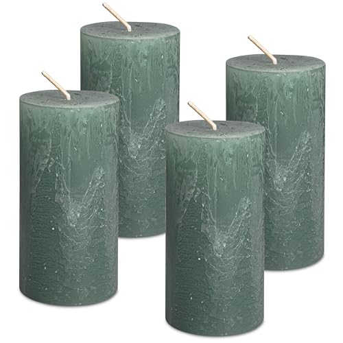 DecoLite: Stumpenkerzen Rustik 4er Set 140x70 mm | Selbstverlöschend Safe Candle | Durchgefärbt RAL-zertifiziert | Brenndauer ca. 69h | Made in Germany | Rustik Deko Kerzen (salbei) von DecoLite