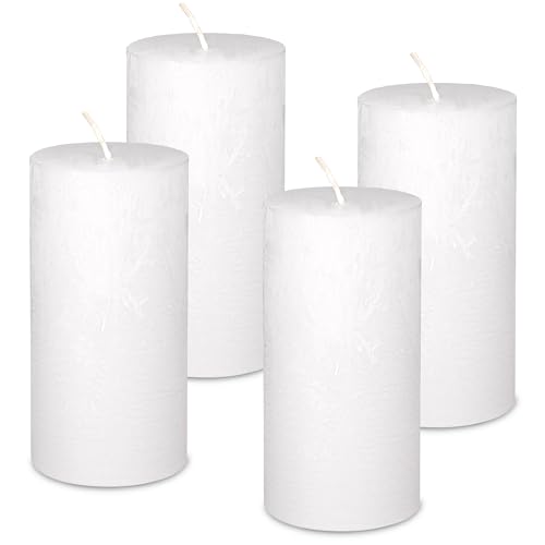 DecoLite: Stumpenkerzen Rustik 4er Set 140x70 mm | Selbstverlöschend Safe Candle | Durchgefärbt RAL-zertifiziert | Brenndauer ca. 69h | Made in Germany | Rustik Deko Kerzen (weiss) von DecoLite