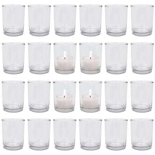 24 Teelichthalter PUR | Teelichter Glas Rund - Windlicht Set | Ø 5,5 cm H 6,5 cm | Teelichtgläser für Tischdeko bei Hochzeit & Geburtstag | Kerzen Gläser auch für Dessert - DecoLite von DecoLite