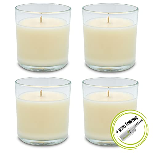 Decolite Set 4 x Duftkerze im Glas Aromakerze Duft Wachskerze mit Duft 88/80 mm inkl. Kerzenprofi Stabfeuerzeug – Geschenke für Frauen und Männer (Vanille-Traum) von DecoLite