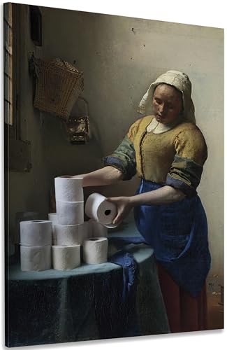 DecoMe Wandbild 60 x 40 cm XXL Vermeer - Vintage Lustig Toilette Badezimmer Wanddeko Bild - Leinwand Holz Zimmer Deko Aesthetic Room von DecoMe