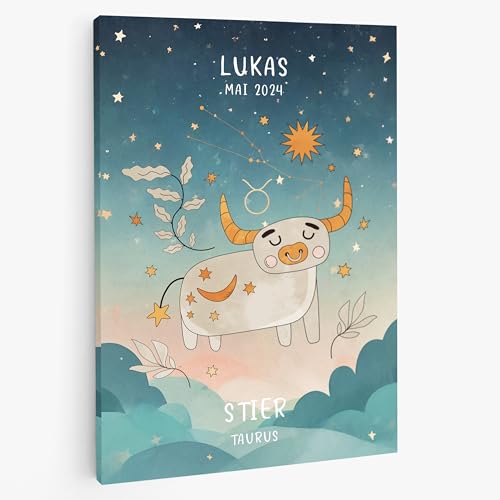 Personalisiertes Bild Kinderzimmer mit eigenem Namen Wanddeko Sternzeichen Stier Kinderzimmer Babyzimmer Deko Für Jungen Mädchen Regal Personalisierte Geschenke Geburt Wandbild von DecoMe