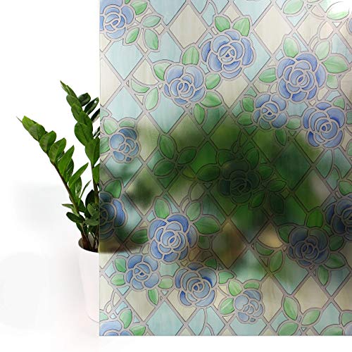 Fensterfolie Blickdicht 45x25 cm | Milchglasfolie selbstklebend mit UV-Schutz | Sichtschutzfolie Fenster ideal für dekorativen Sichtschutz ohne Lichtverlust | Klebefolie Fenster | Amiens Blaue Rose von DecoMeister