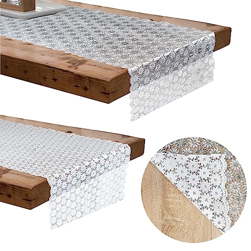 DecoMeister Tischläufer Tischdecke Tischabdeckung Wachstuch Tischbelag Tischtuch abwaschbar Tischfolie Tischplattenschutz Vinyl Spitze Esszimmer Küche Wohnzimmer 50 x 140 cm Weiß Silber Blumenspitze von DecoMeister