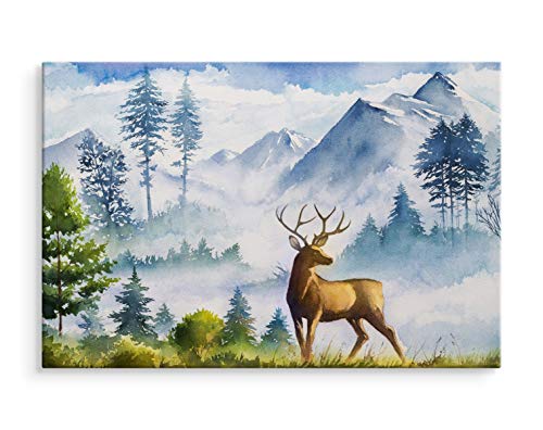 DecoNest - Bild auf Leinwand gedruckt - Bergland mit Rehen - 70X50 cm Malerei für Wohnzimmer, Schlafzimmer, Küche - CANVAS von DecoNest