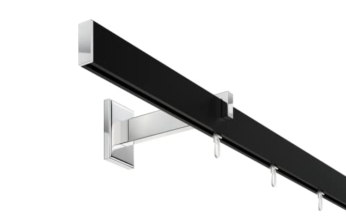 DécoProfi Gardinenstange Innenlauf 1-läufig Set Long rechteckig Schwarz/Verchromt I Länge: 120cm Aluminium für Wandmontage I Als Gardinenschiene & Vorhangstange geeignet von DécoProfi