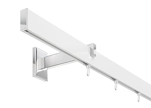 DécoProfi Gardinenstange Innenlauf 1-läufig Set Long rechteckig Weiß/Verchromt I Länge: 160cm Aluminium für Wandmontage I Als Gardinenschiene & Vorhangstange geeignet von DécoProfi