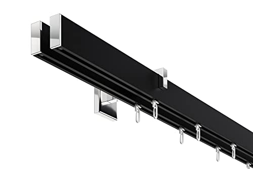 DécoProfi Gardinenstange Innenlauf 2-läufig Set Short rechteckig Schwarz/Verchromt I Länge: 240cm Aluminium für Wandmontage I Als Gardinenschiene & Vorhangstange geeignet von DécoProfi