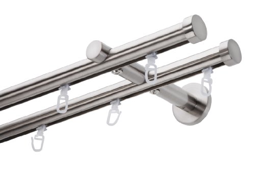 DécoProfi Gardinenstange Innenlauf 2-läufig Set Ø 20 mm Edelstahloptik (nickel gebürstet) I Länge: 360cm Aluminium für Wandmontage I Als Gardinenschiene & Vorhangstange geeignet von DecoProfi