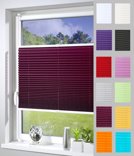 DécoProfi Plissee ohne Bohren Bordeaux 80cm x 220cm (max. Gesamthöhe Fensterflügel) I Verspannte Plissees nach Maß mit Klemmträger/Klemmfix I Blickdichte Innenrahmen-Plissees zum Klemmen von DécoProfi