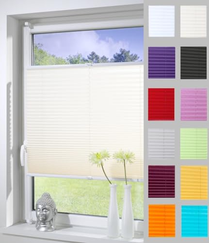 DécoProfi Plissee ohne Bohren Creme 115cm x 130cm (max. Gesamthöhe Fensterflügel) I Verspannte Plissees nach Maß mit Klemmträger/Klemmfix I Blickdichte Innenrahmen-Plissees zum Klemmen von DécoProfi