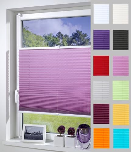 DécoProfi Plissee ohne Bohren Flieder 115cm x 130cm (max. Gesamthöhe Fensterflügel) I Verspannte Plissees nach Maß mit Klemmträger/Klemmfix I Blickdichte Innenrahmen-Plissees zum Klemmen von DécoProfi