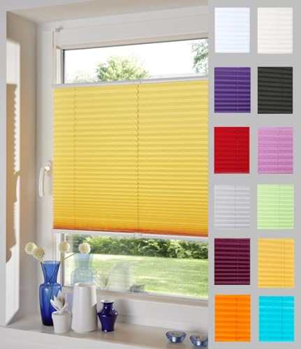 DécoProfi Plissee ohne Bohren Melonengelb 105cm x 130cm (max. Gesamthöhe Fensterflügel) I Verspannte Plissees nach Maß mit Klemmträger/Klemmfix I Blickdichte Innenrahmen-Plissees zum Klemmen von DécoProfi