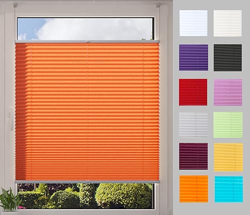 DécoProfi Plissee ohne Bohren Orange 100cm x 130cm (max. Gesamthöhe Fensterflügel) I Verspannte Plissees nach Maß mit Klemmträger/Klemmfix I Blickdichte Innenrahmen-Plissees zum Klemmen von DécoProfi