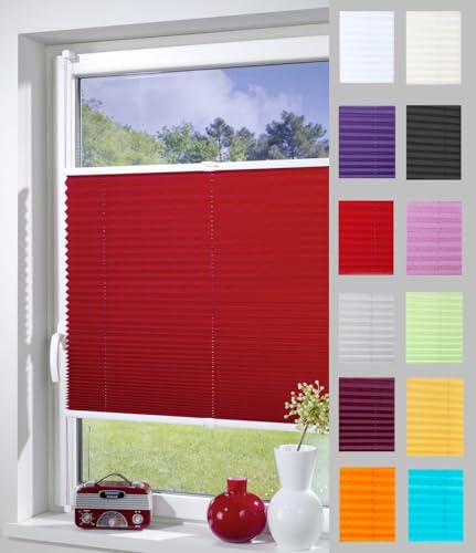 DécoProfi Plissee ohne Bohren ROT 50cm x 220cm (max. Gesamthöhe Fensterflügel) I Verspannte Plissees nach Maß mit Klemmträger/Klemmfix I Blickdichte Innenrahmen-Plissees zum Klemmen von DécoProfi