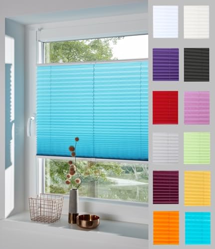 DécoProfi Plissee ohne Bohren Wasserblau/Türkis 100cm x 130cm (max. Gesamthöhe Fensterflügel) I Verspannte Plissees nach Maß mit Klemmträger/Klemmfix I Blickdichte Innenrahmen-Plissees zum Klemmen von DécoProfi