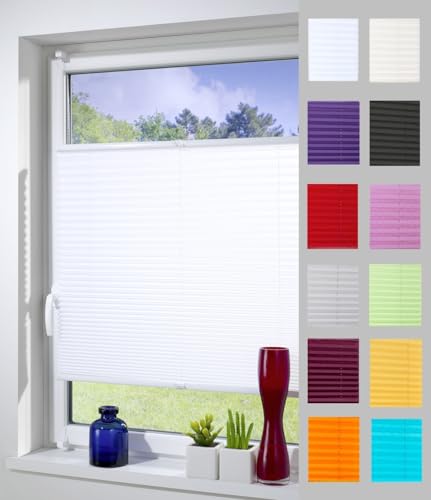 DécoProfi Plissee ohne Bohren Weiß 100cm x 130cm (max. Gesamthöhe Fensterflügel) I Verspannte Plissees nach Maß mit Klemmträger/Klemmfix I Blickdichte Innenrahmen-Plissees zum Klemmen von DécoProfi