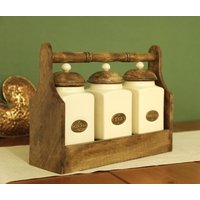 Keramik Tee Kaffee Zucker Gläser Set Creme Glasur, Holz Deckel & Ständer von DecoSachet