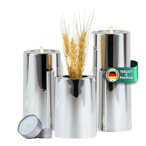 DecoValeira - 3er Set Dauerkerze (Ø 6,9 cm, H 9, 12, 15 cm) - Teelichthalter, Kerzenhalter in Kerzenoptik, Windlicht für handelsübliche Teelichter-Deko Kerzen, Tischdeko, Wohnzimmer Deko (Chrome) von DecoValeira
