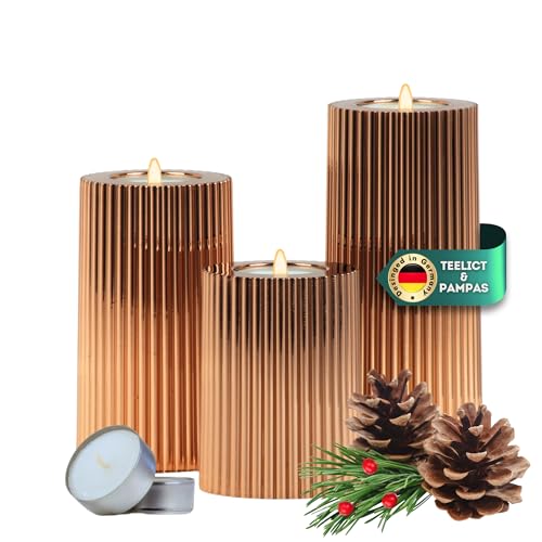 DecoValeira - 3er Set Dauerkerze (Ø 6,9 cm, H 9, 12, 15 cm) - Teelichthalter, Kerzenhalter in Kerzenoptik, Windlicht für handelsübliche Teelichter-Deko Kerzen, Tischdeko, Wohnzimmer Deko (Copper) von DecoValeira