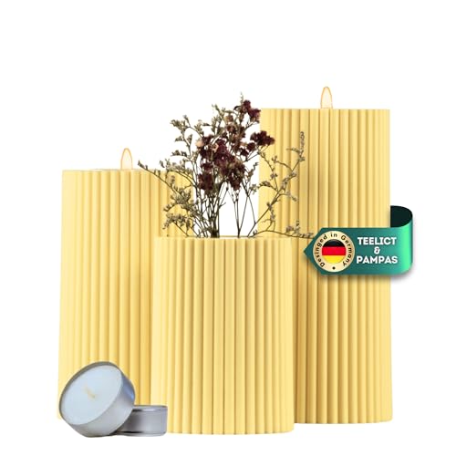 DecoValeira - 3er Set Dauerkerze (Ø 6,9 cm, H 9, 12, 15 cm) - Teelichthalter, Kerzenhalter in Kerzenoptik, Windlicht für handelsübliche Teelichter-Deko Kerzen, Tischdeko, Wohnzimmer Deko (Gelb) von DecoValeira