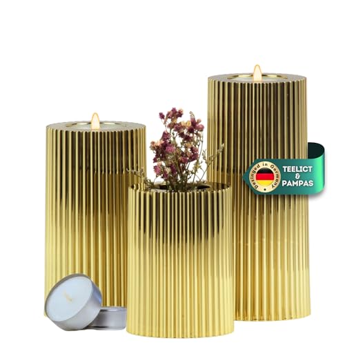 DecoValeira - 3er Set Dauerkerze (Ø 6,9 cm, H 9, 12, 15 cm) - Teelichthalter, Kerzenhalter in Kerzenoptik, Windlicht für handelsübliche Teelichter-Deko Kerzen, Tischdeko, Wohnzimmer Deko (Gold) von DecoValeira