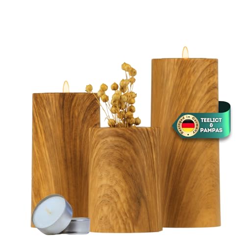 DecoValeira - 3er Set Dauerkerze (Ø 6,9 cm, H 9, 12, 15 cm) - Teelichthalter, Kerzenhalter in Kerzenoptik, Windlicht für handelsübliche Teelichter-Deko Kerzen, Tischdeko, Wohnzimmer Deko (Holz Optik) von DecoValeira