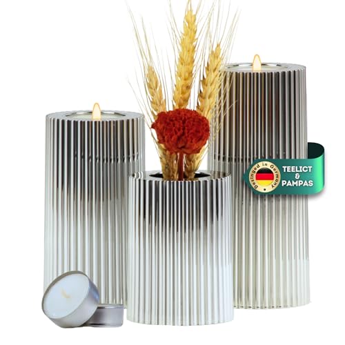 DecoValeira - 3er Set Dauerkerze (Ø 6,9 cm, H 9, 12, 15 cm) - Teelichthalter, Kerzenhalter in Kerzenoptik, Windlicht für handelsübliche Teelichter-Deko Kerzen, Tischdeko, Wohnzimmer Deko (Silver) von DecoValeira