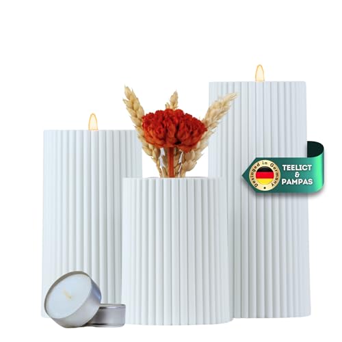 DecoValeira - 3er Set Dauerkerze (Ø 6,9 cm, H 9, 12, 15 cm) - Teelichthalter, Kerzenhalter in Kerzenoptik, Windlicht für handelsübliche Teelichter-Deko Kerzen, Tischdeko, Wohnzimmer Deko (Weiß-Blau) von DecoValeira