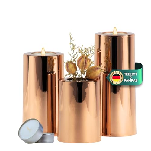 DecoValeira - 3er Set Dauerkerze (Ø 6,9 cm, H 9, 12, 15 cm) - Teelichthalter, Kerzenhalter in Kerzenoptik, Windlicht für handelsübliche Teelichter-Deko Kerzen, Tischdeko, Wohnzimmer Deko (cuprous) von DecoValeira