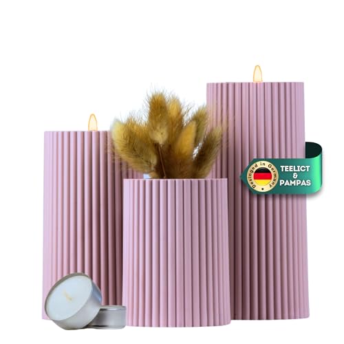 DecoValeira - 3er Set Dauerkerze (Ø 6,9 cm, H 9, 12, 15 cm) - Teelichthalter, Kerzenhalter in Kerzenoptik, Windlicht für handelsübliche Teelichter-Deko Kerzen, Tischdeko, Wohnzimmer Deko (puderrosa) von DecoValeira
