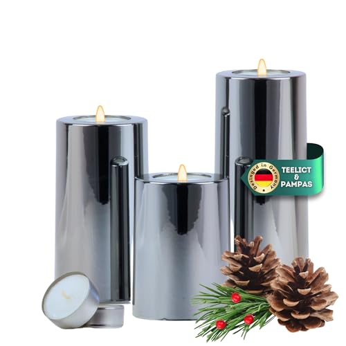 DecoValeira - 3er Set Dauerkerze (Ø 6,9 cm H 9 12 15 cm) - Teelichthalter Kerzenhalter in Kerzenoptik Windlicht für handelsübliche Teelichter-Kerzen Tischdeko Wohnzimmer Deko von DecoValeira