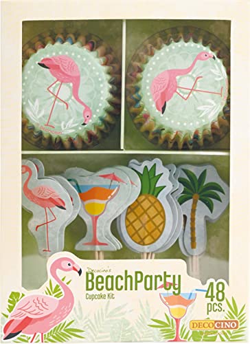 DECOCINO Muffin-Set BeachParty 48-tlg. - 24 Cupcake-Förmchen mit Ø 5 cm & 24 Muffin-Topper aus Papier, ideale Deko für Kindergeburtstage & Mottopartys von DECOCINO