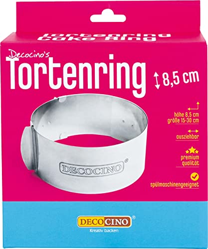 DECOCINO Tortenring – ausziehbar – Edelstahl Kuchenform, 8,5 cm hoch – ideal zum Backen, Formen & Schichten von Geburtstags-Kuchen, Hochzeits-Torten, Silber von DECOCINO