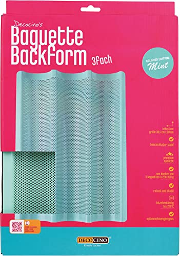 DECOCINO Baguette Backform 38,5 * 28cm - Mint Edition - hochwertiges Backblech mit Antihaftbeschichtung, zum Backen von 3 Baguettes - spülmaschinengeeignet von DECOCINO