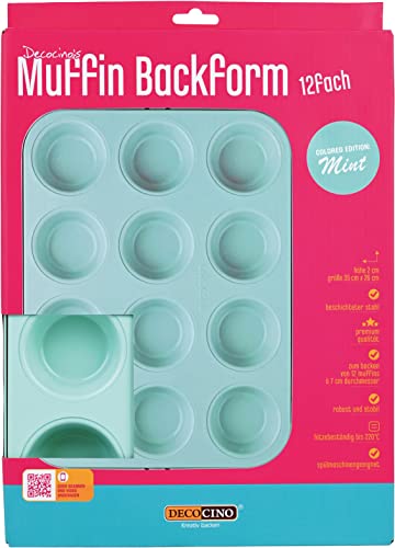 DECOCINO Muffin Backform - Mint Edition - hochwertiges Backblech mit Antihaftbeschichtung, zum Backen von 12 Muffins oder Cupcakes - spülmaschinengeeignet von DECOCINO