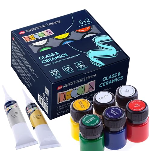 Decola Porzellanfarbe Set | Glasmalfarben Set - 5 x 20 ml Farben + 2 x 18 ml Konturenfarben + 20 ml Verdünner | Hohe Abdeckung auf dunklen Oberflächen und hoch deckend von Nevskaya Palitra Decola Porzellanfarbe Set | Glasmalfarben Set - 5 x 20 ml Farben + 2 x 18 ml Konturenfarben + 20 ml Verdünner | Hohe Abdeckung auf dunklen Oberflächen und hoch deckend von Nevskaya Palitra von Decola