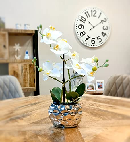 DECOLINE Künstliche Orchidee 33cm - Blüten weiß - Keramik Übertopf Silber von DECOLINE