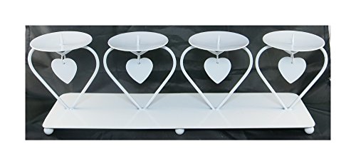 Decoline Metall Kerzenhalter mit Herz Anhängern 37x12cm für 4 große Kerzen - Kerzenleuchter - Kerzenständer (weiß) von Decoline