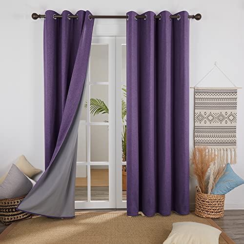 Deconovo 100% Blickdichte Gardinen Verdunkelungsvorhang Leinenimitation Total Verdunkelung Thermovorhang Wohnzimmer mit Ösen 229x132 Dunkelviolett 2er Set von Deconovo
