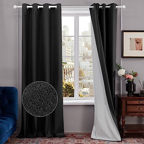 Deconovo 100% Total Blickdicht Vorhang Lichtundurchlässig Vorhang Schlafzimmer Ösen Thermo Vorhänge Kälteschutz, 214x132 cm(HöhexBreite), Schwarz, 2er Set von Deconovo