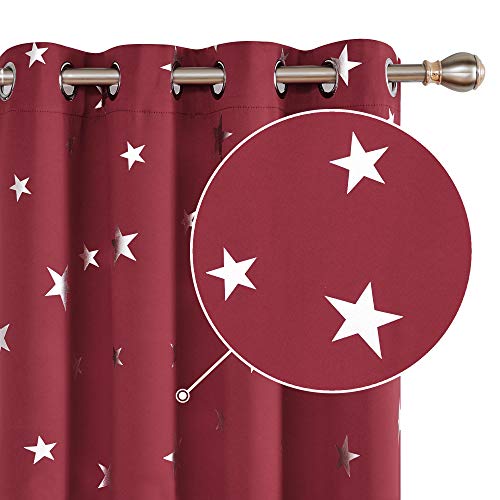 Deconovo Gardinen Verdunkelung Thermo Vorhänge mit Ösen Vorhang mit Muster Sterne, 183x140 cm(HöhexBreite), Rot, 2er Set von Deconovo