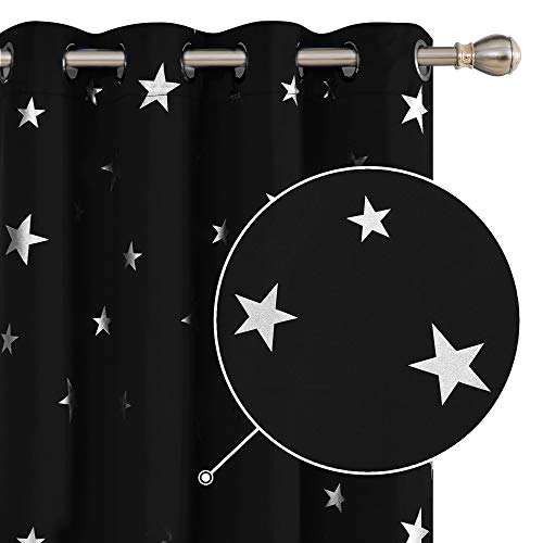 Deconovo Sonnenschutz Gardinen Thermo Vorhänge für Wohnzimmer Blackout Vorhang mit Muster Sterne, 183x132 cm(HöhexBreite), Schwarz, 2er Set von Deconovo