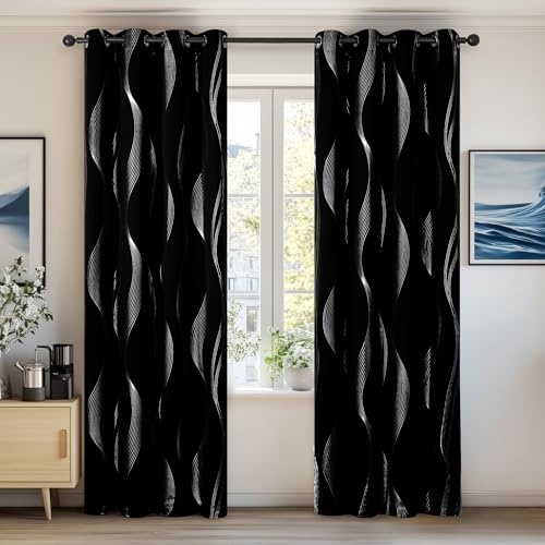 Deconovo Abdunkelnd Vorhang für Wohnzimmer Blickdichte Gardinen Wärmeisolierend Verdunkelung Thermovorhang mit Ösen, 175x140cm(HöhexBreite), Schwarz, 2er Set von Deconovo
